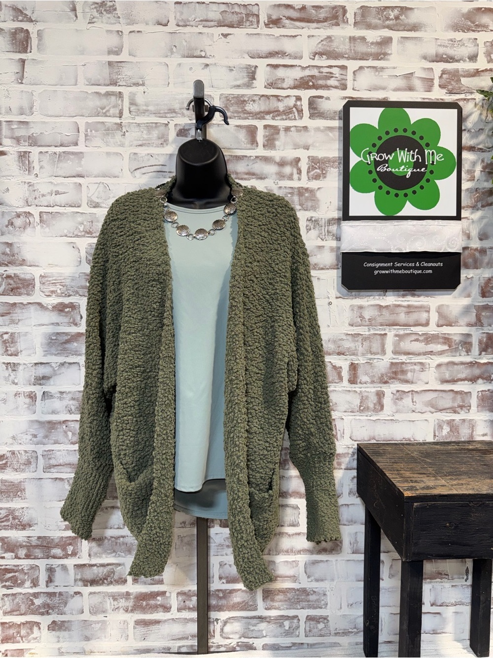 Olive Green Open-Front Textured Cardigan Sweater large